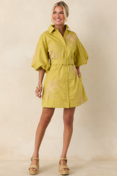 Fresh With Flair Chartreuse Green & Pink Contrast Embroidered Cotton Mini Dress