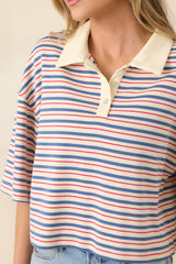 Varsity Charm Blue Multi Stripe Boxy Cotton Polo Top