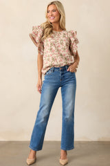 Secret Garden Path Cotton Rose Pink Flutter Sleeve Blouse