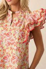 Light Finds A Way Red Floral Cotton Flutter Sleeve Top