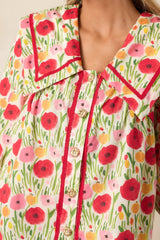 Morning Delight Cotton Red Button Front Blouse