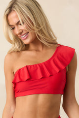 Sea Of Serenity Red One Shoulder Ruffle Bikini Top