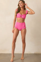Under The Sun Pink Polka Dot High-Waisted Ruffle Trim Bikini Bottoms