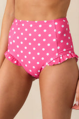 Under The Sun Pink Polka Dot High-Waisted Ruffle Trim Bikini Bottoms