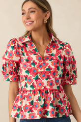 The First Bloom Red Floral Cotton Puff Sleeve Peplum Top