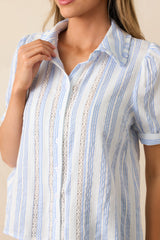 Up In The Clouds Cotton Blue Stripe Button Front Blouse