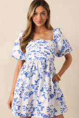 Meadow Stroll Cotton Blue Puff Sleeve Mini Dress