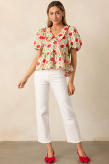 Afternoon Bliss Cotton Red Floral Puff Sleeve Blouse