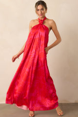 Everything You Need Red Floral Satin Halter Maxi Dress