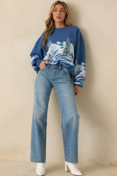 Alpine Ski Dark Blue Multi Cotton Crewneck Sweatshirt