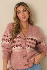 In Other Words Rose Pink Fair Isle Knit Toggle Button Up Cardigan