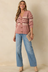 In Other Words Rose Pink Fair Isle Knit Toggle Button Up Cardigan