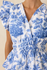 Prosperina Bridget Blue & White Cotton Floral Ruffle Tiered Mini Dress