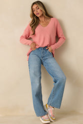 Cozy Afternoon Rose Pink V-Neck Sweater