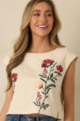 Found Treasures Natural Multi Floral Embroidered Crop Top