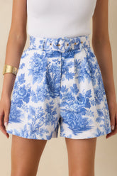Prosperina Colleen Blue & White Cotton Floral Print Belted Shorts