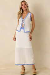 MINKPINK Rae White & Blue Contrast Knit Midi Skirt