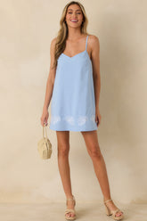MINKPINK Bella Light Blue Cotton Blend Embroidered Mini Dress