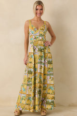 One To Remember Yellow Tropical Print Linen Blend Maxi Dress