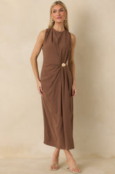 Move With Purpose Light Brown Ruched Maxi Dress