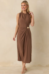 Move With Purpose Light Brown Ruched Maxi Dress