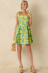 Sounds Like Fun Green Lemon Print Cotton Denim Mini Dress