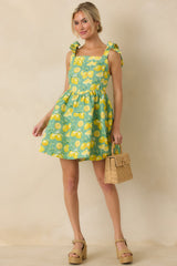Sounds Like Fun Green Lemon Print Cotton Denim Mini Dress