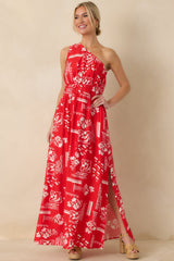 Anything Goes Red One Shoulder Geometric Floral Print Maxi Dress