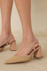 Keeping It Real Beige Woven Pointed-Toe Slingback Heels