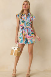 Walk To The Beach Blue Multi Tropical Print Romper