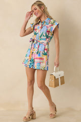 Walk To The Beach Blue Multi Tropical Print Romper