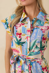 Walk To The Beach Blue Multi Tropical Print Romper