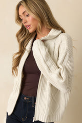 Better Believe It Ivory Cable Knit Zip Front Sweater Jacket