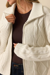 Better Believe It Ivory Cable Knit Zip Front Sweater Jacket