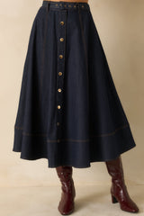 On The Books Dark Wash Cotton Denim Button Up Midi Skirt