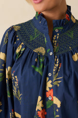 Charmed Again Navy Floral Print Cotton Bishop Sleeve Blouse