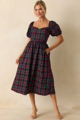 Always You Cotton Navy Plaid Puff Sleeve Midi Dress