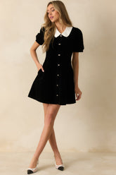 Sweet Society Black Velvet Bow Button Up Mini Dress