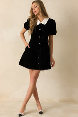 Sweet Society Black Velvet Bow Button Up Mini Dress