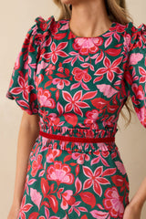 Prosperina Delphine Green & Pink Cotton Floral Print Maxi Dress