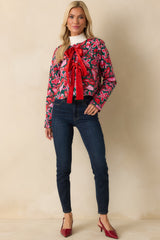 Prosperina Gala Green & Pink Cotton Floral Print Bow Jacket