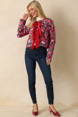 Prosperina Gala Green & Pink Cotton Floral Print Bow Jacket