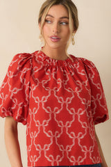 Prosperina Campbell Red Cotton Bow Print Puff Sleeve Tie Back Blouse