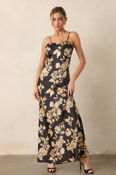 Crescent Glow Black Floral Satin Maxi Dress