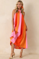 Sunset on Repeat Pink & Orange Colorblock Sleeveless Midi Dress