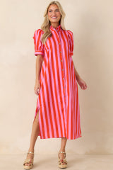 She's Electric Pink & Red Stripe Cotton Puff Sleeve Midi Dress