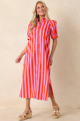 She's Electric Pink & Red Stripe Cotton Puff Sleeve Midi Dress