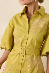 Fresh With Flair Chartreuse Green & Pink Contrast Embroidered Cotton Mini Dress