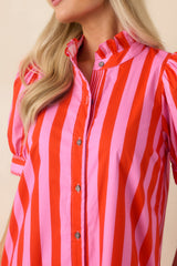 She's Electric Pink & Red Stripe Cotton Puff Sleeve Midi Dress
