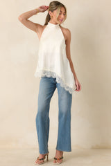 Softly Sophisticated Ivory Lace Asymmetric Halter Top